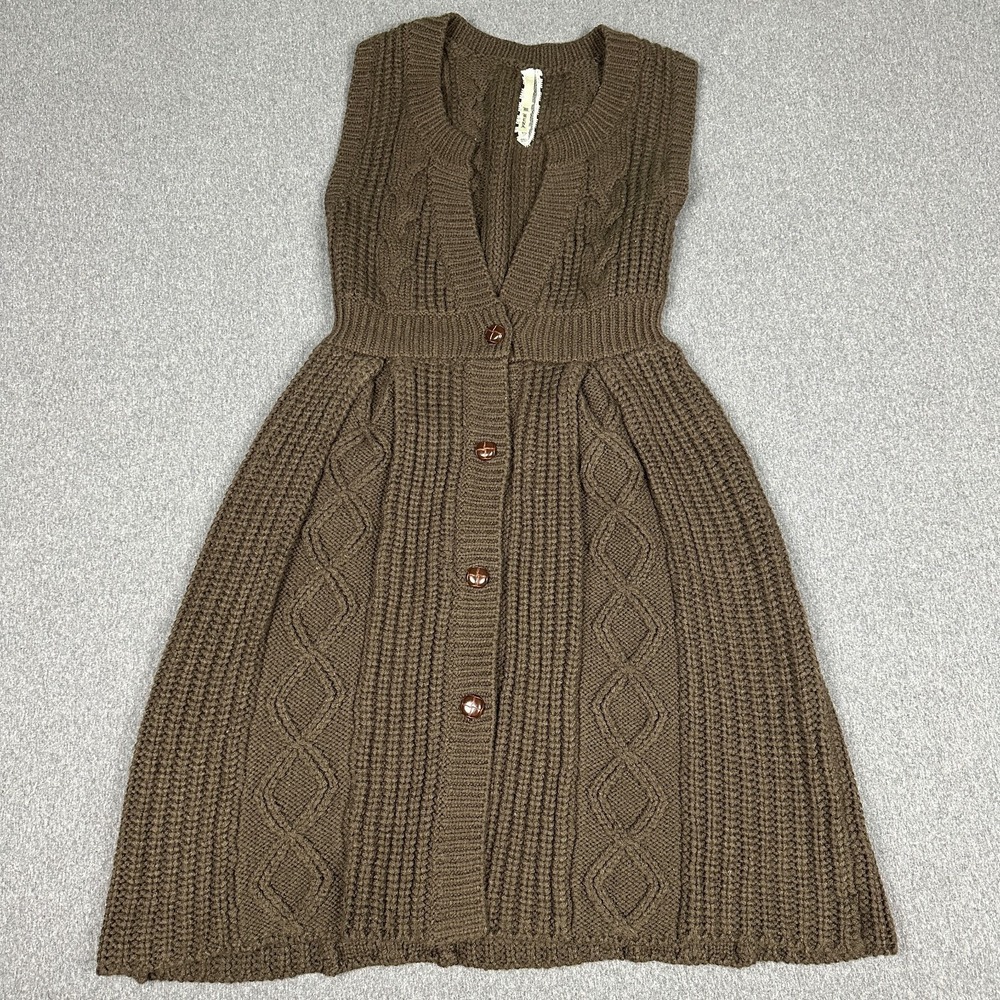M. Rena Brown Cable Knit Sweater Dress Sleeveless Button Front Flare Womens S